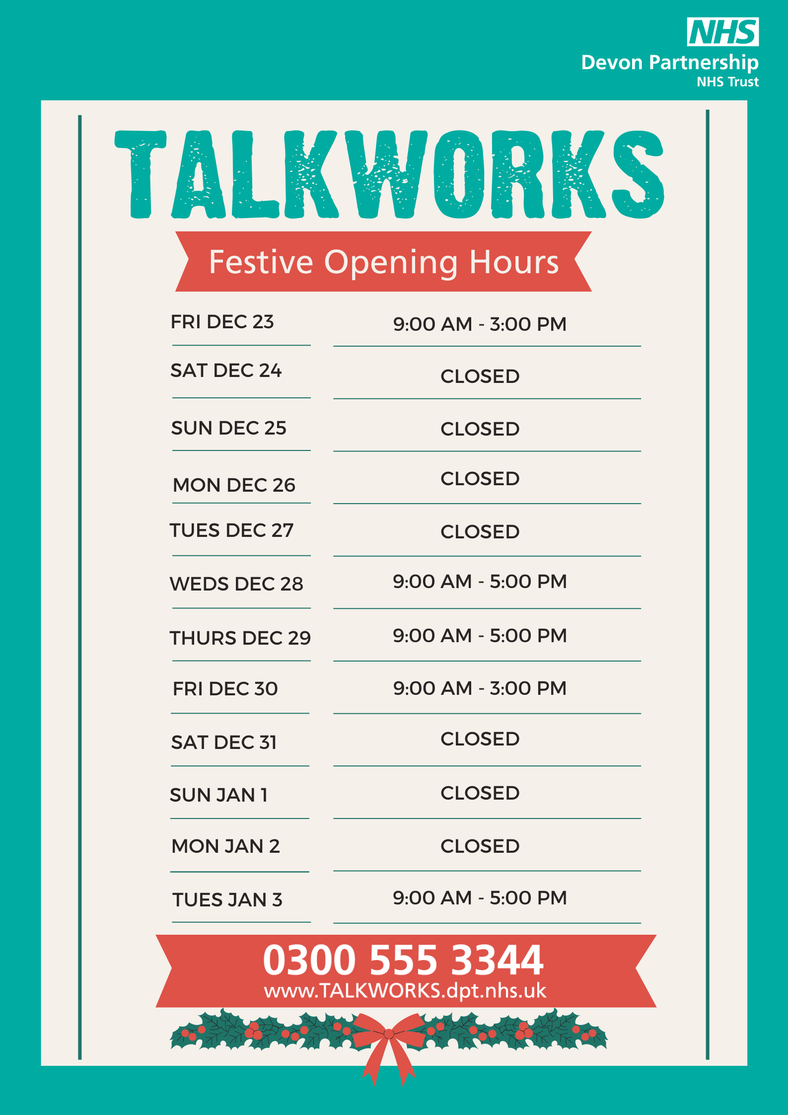 TW Xmas opening hours Dec 22